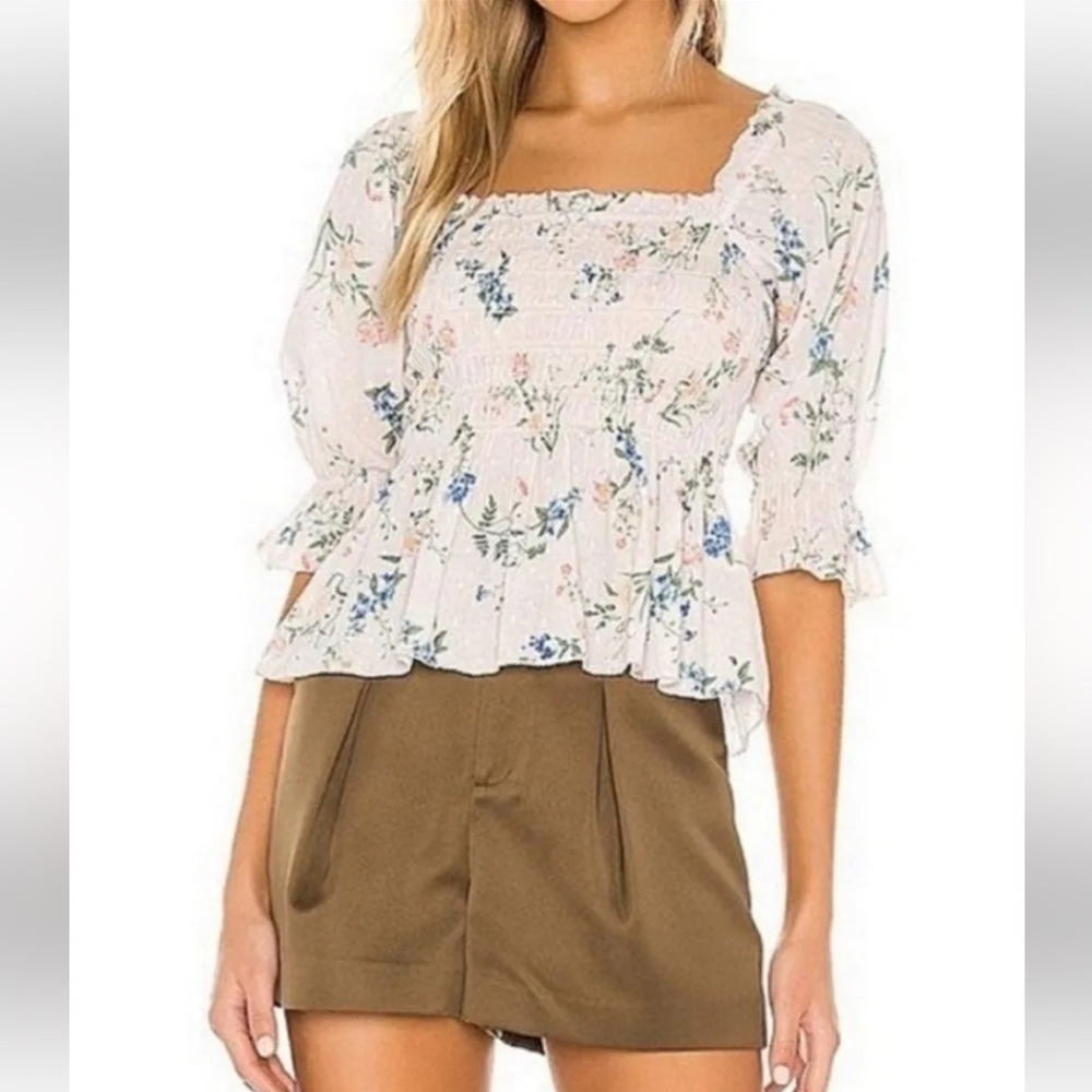 SAYLOR Clover Top Smocked Cotton Floral Print Elbow Puff Sleeves L Light Pink